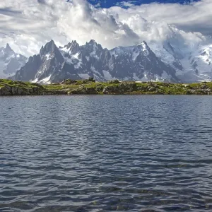 View from the Lacs des Cheserys to the breathtaking scenery of the Mont Blanc massif