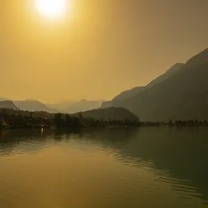 View over Lake Brienz with Mountain and Sunlight in Brienz View over Lake Brienz with Mountain and Sunlight in Brienz