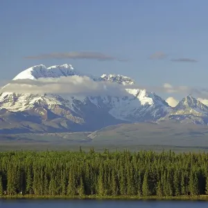 View of lake and snow-capped mountains View of lake and snow-capped mountains