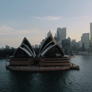 View of landmark performing arts center Opera House in Sydney harbor