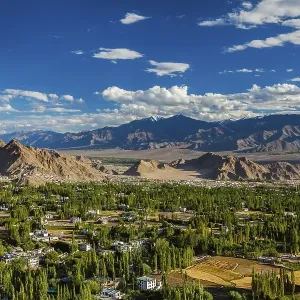 View of Leh from above from Shanti Stupa on sunset