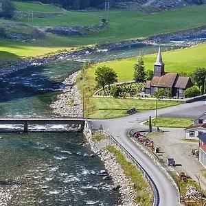 View on little village from the most beautiful train journey Flamsbana between Flam