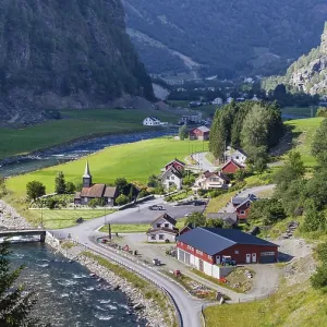 View on little village from the most beautiful train journey Flamsbana between Flam