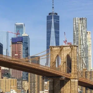 View from Main Street Park over the East River to the skyline of Lower Manhattan with Brooklyn Bridge View from Main Street Park over the East River to the skyline of Lower Manhattan with Brooklyn Bridge