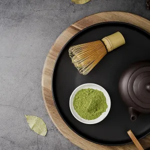 top view matcha tea powder bamboo whisk