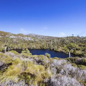 The view of mountain landscape around Wombat Pool on the Overland Track on a warm autumn morning in Cradle Mountain The view of mountain landscape around Wombat Pool on the Overland Track on a warm autumn morning in Cradle Mountain