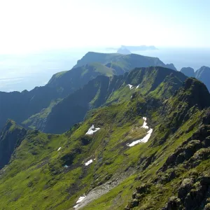 View from mountain Mannen over mountains and the sea Moskenesoya Lofoten Norway