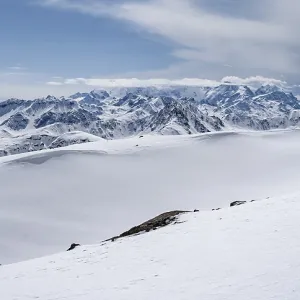 View of mountain panorama with mountain peaks of the Bernina Group