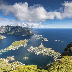 View from the mountain Reinebringen to fishing village Reine View from the mountain Reinebringen to fishing village Reine