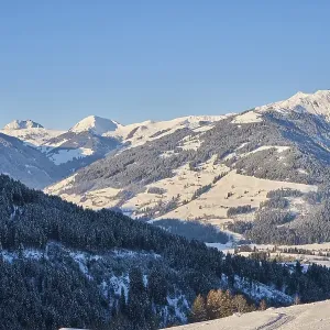 View on to the mountains from Wildpark Aurach in winter View on to the mountains from Wildpark Aurach in winter
