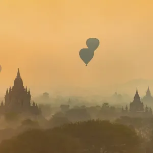 View of pagodas with hot air balloons View of pagodas with hot air balloons