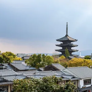View across rooftops of Higashiyama to Yasaka Pagoda Print, Kyoto, Japan