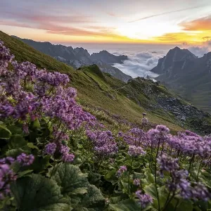 View over Saentis mountains into the valley of Meglisalp at sunrise View over Saentis mountains into the valley of Meglisalp at sunrise