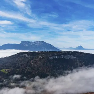 View from Schwarzenberg to a sea of fog in the Salzach valley with Untersberg