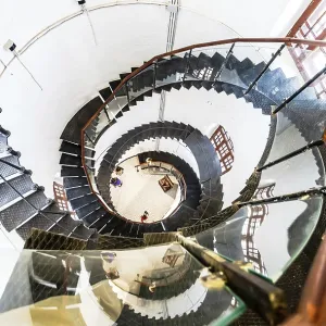Down view of a spiral staircase in old water tower in Staraya Russa Down view of a spiral staircase in old water tower in Staraya Russa