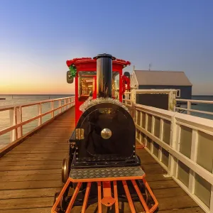 Front view of steam vintage train on Busselton jetty