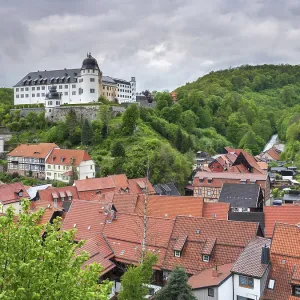 View of Stolberg with the castle and half-timbered houses of the historic old town