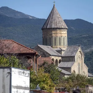 View from street to Svetitskhoveli Orthodox Cathedral in autumn day View from street to Svetitskhoveli Orthodox Cathedral in autumn day