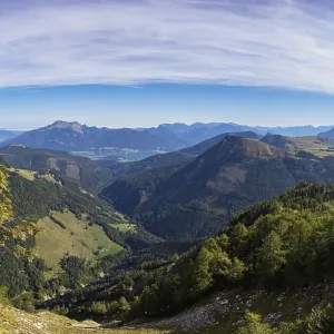View from the summit of the Pitscherberg to the Wolfgangsee with Schafberg