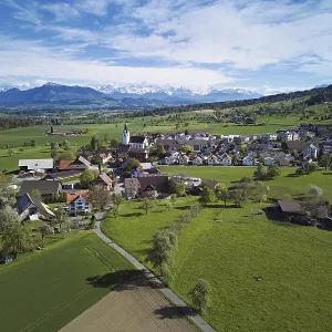 View of town, Rigi and the snowy Alps in the back