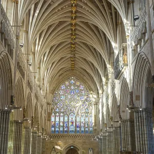 View to west window, vaulted ribbed ceiling inside Exeter cathedral church View to west window, vaulted ribbed ceiling inside Exeter cathedral church
