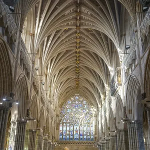 View to west window, vaulted ribbed ceiling inside Exeter cathedral church View to west window, vaulted ribbed ceiling inside Exeter cathedral church