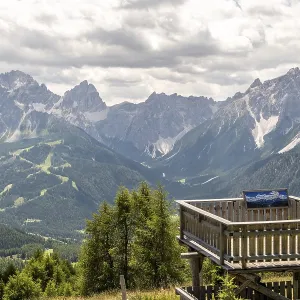 Viewing platform with views of striking Dolomite peaks in summer