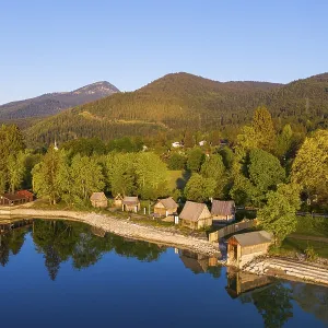 Viking village Flake at Lake Walchensee in the morning light