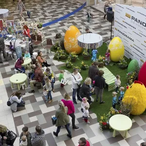 VILNIUS, LITHUANIA - APRIL 02, 2016: Eggs chickens and spring flowers installations