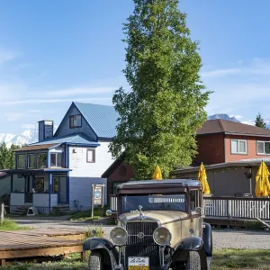 Vintage car and historic building Vintage car and historic building