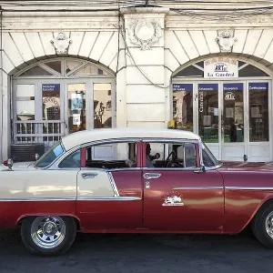 Vintage car, red and white, 50s Vintage car, red and white, 50s