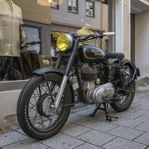 Vintage motorbike from the Indian motorbike manufacturer Royal Enfield in the old town of Ulm