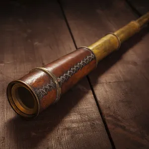 Vintage retro spyglass on wooden background Vintage retro spyglass on wooden background