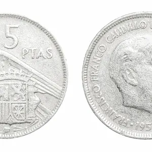 Vintage Spanish 5 pesetas coin from 1957 showing General Francisco Franco portrait on obverse