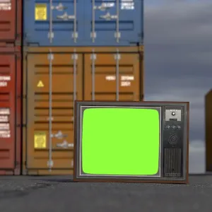 Vintage television with chroma green screen resting on shipping dock asphalt amongst stacked shipping containers Vintage television with chroma green screen resting on shipping dock asphalt amongst stacked shipping containers