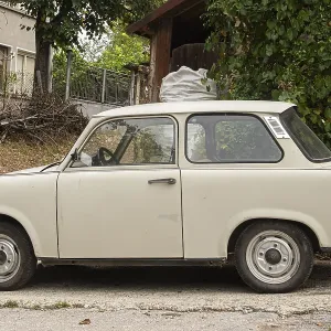 Vintage Trabant car in Eastern Europe village closeup Vintage Trabant car in Eastern Europe village closeup