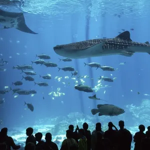 Visitors in front of a huge aquarium with manta ray (Manta sp) Visitors in front of a huge aquarium with manta ray (Manta sp)