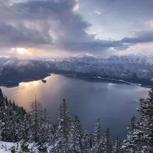 Walchensee (mountain lake) at sunrise