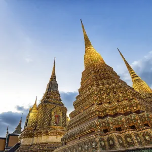 Wat Pho temple at sunset. Bangkok's oldest Buddhist monastery near the Grand Palace