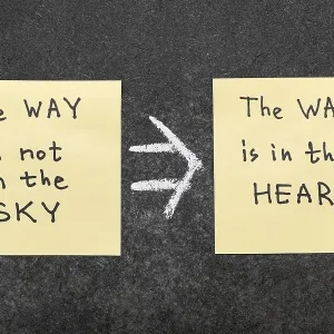 The way is in the heart famous Buddha quote interpretation handwritten on yellow paper notes The way is in the heart famous Buddha quote interpretation handwritten on yellow paper notes