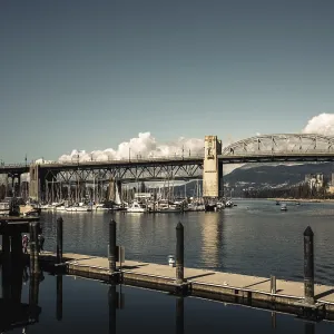 A wide bridge spans over a marina filled with boats A wide bridge spans over a marina filled with boats