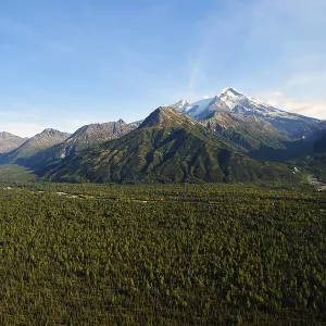 Wide forested valley with mountain peaks