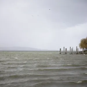 A windy, cloudy seascape with jetty and birds in the sky