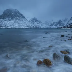 Winter landscape, mountainous coast at Grotfjord Winter landscape, mountainous coast at Grotfjord