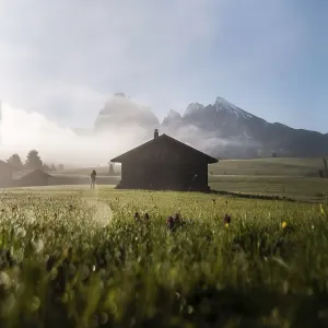 Woman looking on foggy meadow next to hut