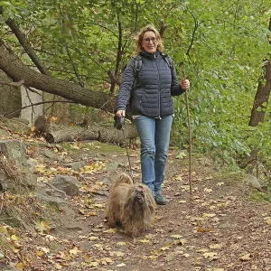 Woman running with dog on a forest path Woman running with dog on a forest path