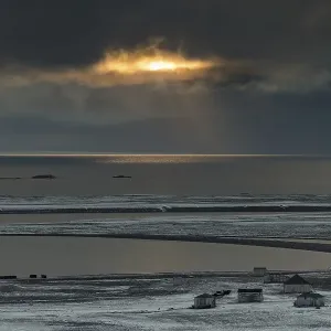 Wooden houses, Swedish-Finnish research station Kinnvika in the evening light
