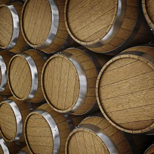 Wooden oak brandy wine beer barrels rows close up Wooden oak brandy wine beer barrels rows close up