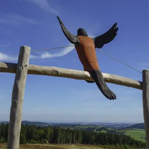 A wooden sculpture of a bird spreading its wings in front of a wide landscape view