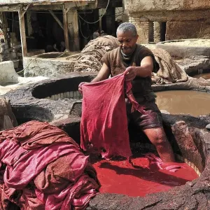 Worker standing in a vat of red paint to dye leather in a tannery Worker standing in a vat of red paint to dye leather in a tannery